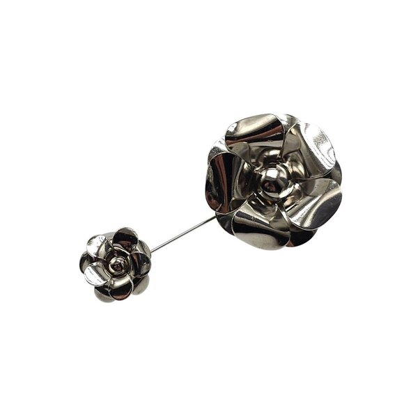 Silver Tone Floral Brooch Stick Pin With Dual Flower Design - Picture 1 of 4